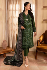 NUREH-3PC DHANAK EMBROIDERED SHIRT WITH COURTRAI PRINTED SHAWL & TROUSER-ADR-4324