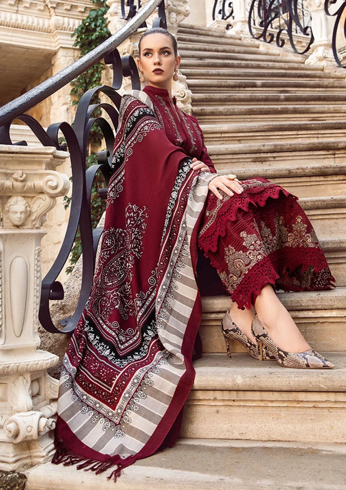 MARIA B - 3PC DHANAK EMBROIDERED SHIRT WITH COUTURE WOOL PRINT SHAWL AND DHANAK TROUSER-ADR-4043