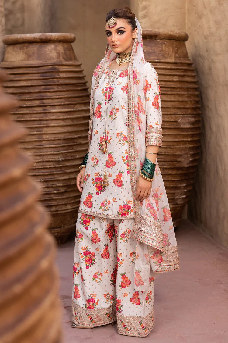 CHARIZMA-3PC SHAMOZE SILK PRINTED EMB SHIRT WITH SOFT SILK PRINTED EMB DUPATTA & EMB TROUSER-ADR