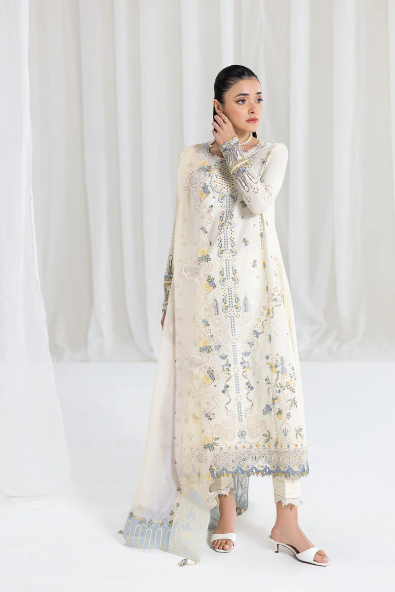 QALAMQAR - 3PC LAWN EMBROIDERED SHIRT WITH NET EMBROIDERED DUPATTA AND TROUSER -ADR-3801