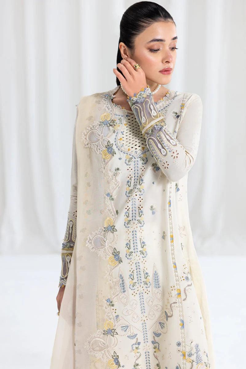 QALAMQAR - 3PC LAWN EMBROIDERED SHIRT WITH NET EMBROIDERED DUPATTA AND TROUSER -ADR-3801