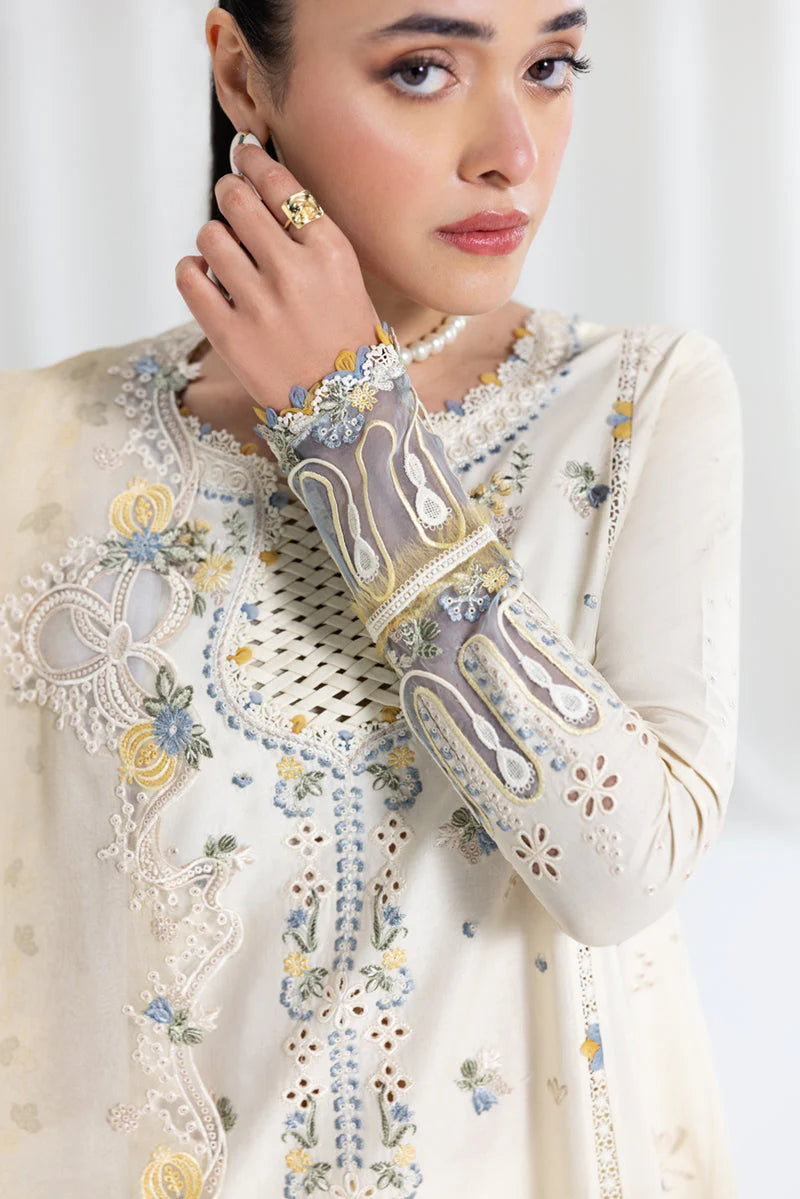 QALAMQAR - 3PC LAWN EMBROIDERED SHIRT WITH NET EMBROIDERED DUPATTA AND TROUSER -ADR-3801