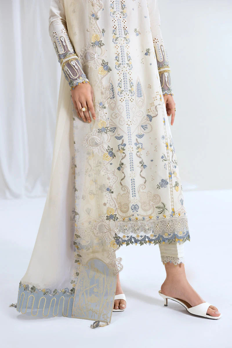 QALAMQAR - 3PC LAWN EMBROIDERED SHIRT WITH NET EMBROIDERED DUPATTA AND TROUSER -ADR-3801