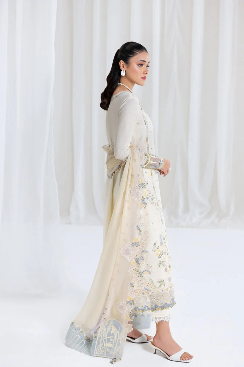 QALAMQAR - 3PC LAWN EMBROIDERED SHIRT WITH NET EMBROIDERED DUPATTA AND TROUSER -ADR-3801