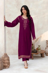 FEROZAE-2PC DHANAK EMBROIDERED SHIRT WITH DHANAK EMBROIDERED SLEEVES-ADR-3417 PLUM