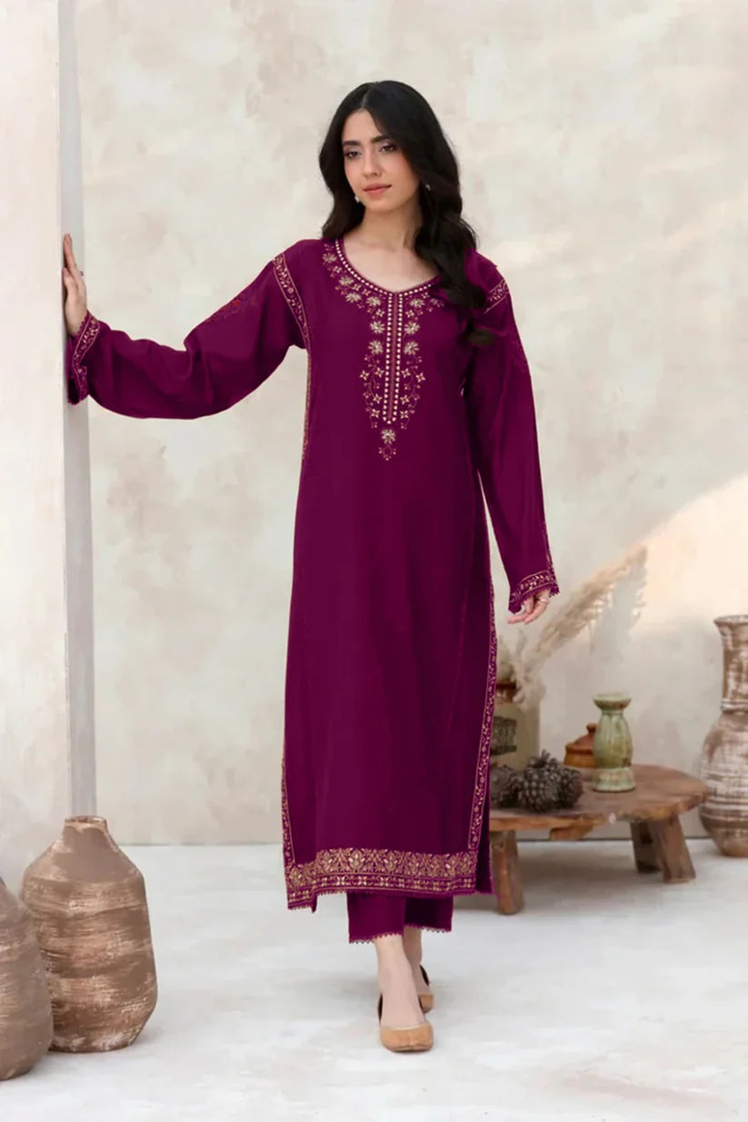 FEROZAE-2PC DHANAK EMBROIDERED SHIRT WITH DHANAK EMBROIDERED SLEEVES-ADR-3417 PLUM