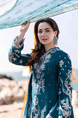QALAMQAR-3PC DHANAK HEAVY EMBROIDERED SHIRT WITH DHANAK EMB SHAWL AND EMB TROUSER-ADR-5137
