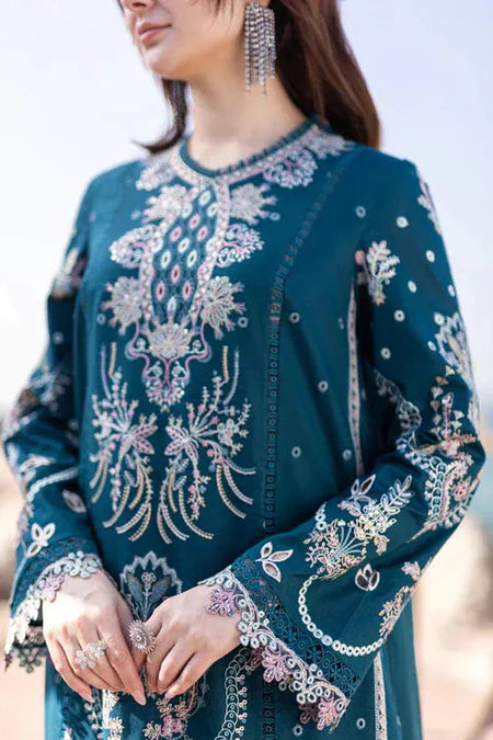 QALAMQAR-3PC DHANAK EMBROIDERED SHIRT WITH DHANAK EMBROIDERED SHAWL AND TROUSER-ADR-4021