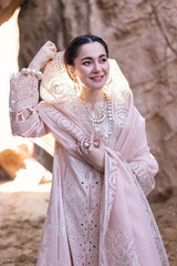 QALAMQAR-3PC LAWN LASERCUTWORK EMBROIDERED SHIRT WITH KHAADI NET EMBROIDERED DUPATTA AND TROUSER-ADR-4726