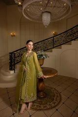 MEHMAL_GREEN EMERALD-0RGANZA HAND EMBELLISHED EMBROIDERED-ADR-100014
