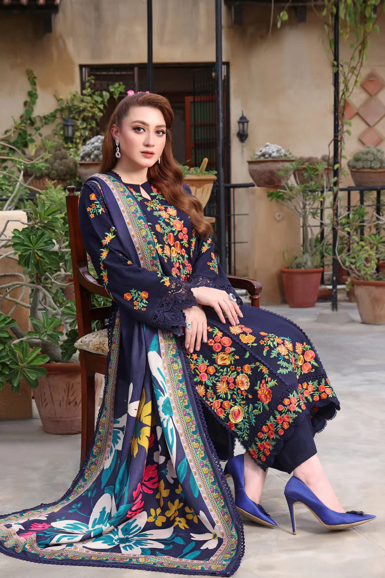ASIM JOFA-3PC DHANAK EMBROIDERED SHIRT WITH COURTRAI PRINTED SHAWL AND TROUSER-ADR-4316