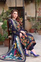 ASIM JOFA-3PC DHANAK EMBROIDERED SHIRT WITH COURTRAI PRINTED SHAWL AND TROUSER-ADR-4316