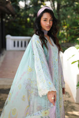 QALAMQAR-3PC LAWN PRINTED EMB SHIRT WITH SILK PRINTED DUPATTA AND TROUSER-ADR-042