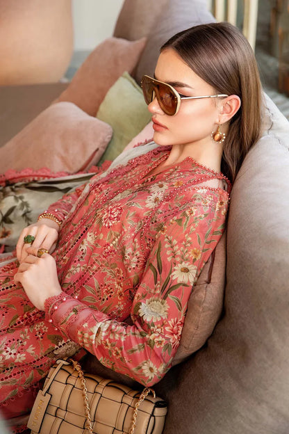 MARIA.B-3PC LAWN PRINTED EMB SHIRT WITH CHIFFON PRINT DUPATTA AND PRINT TROUSER-ADR-2505
