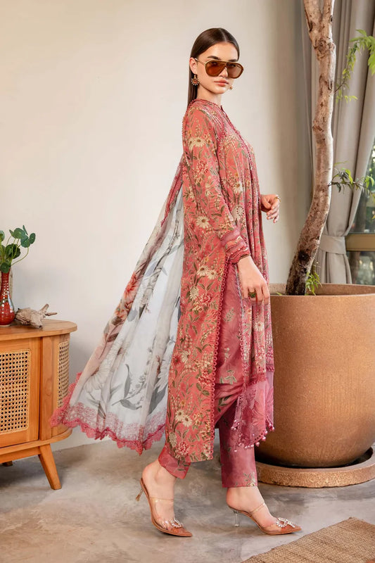 MARIA.B-3PC LAWN PRINTED EMB SHIRT WITH CHIFFON PRINT DUPATTA AND PRINT TROUSER-ADR-2505