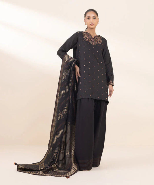 SAPPHIRE- 3PC DHANAK EMBROIDERED SHIRT WITH WOOL PRINT SHAWL AND TROUSER-ADR-3372