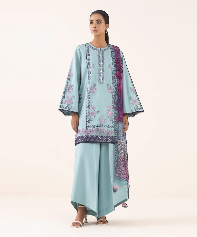 SAPPHIRE-3PC DHANAK EMBROIDERED SHIRT WITH COURTRAI PRINTED SHAWL AND TROUSER-ADR-4294