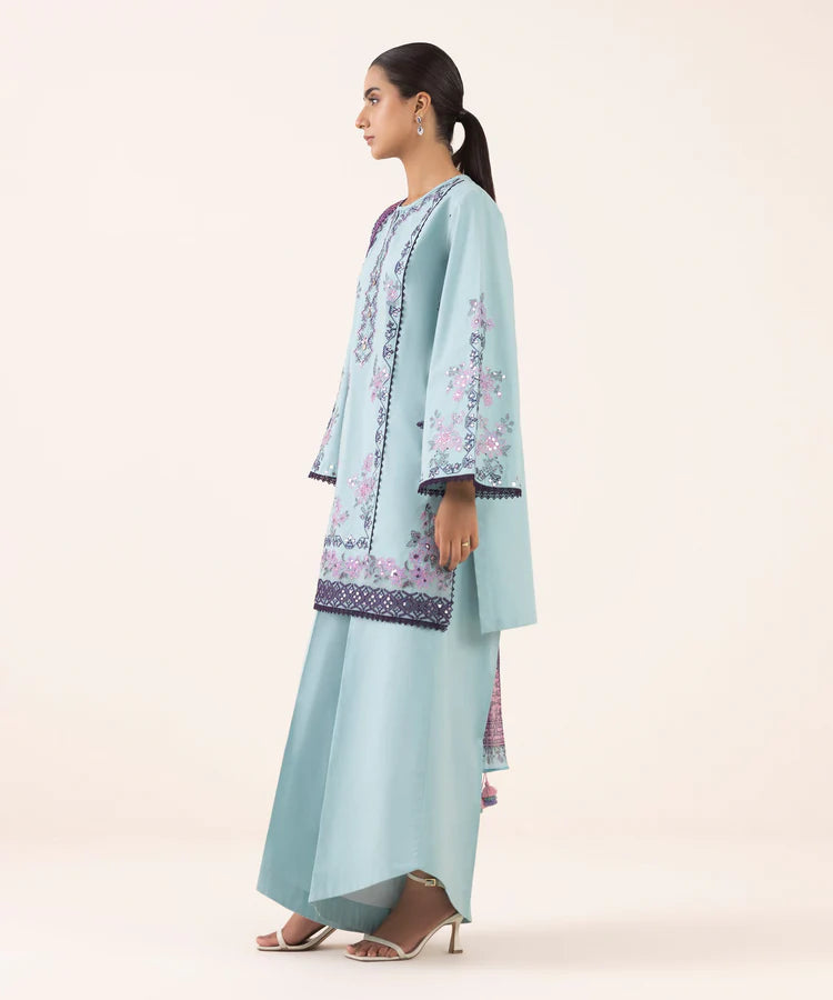 SAPPHIRE-3PC DHANAK EMBROIDERED SHIRT WITH COURTRAI PRINTED SHAWL AND TROUSER-ADR-4294