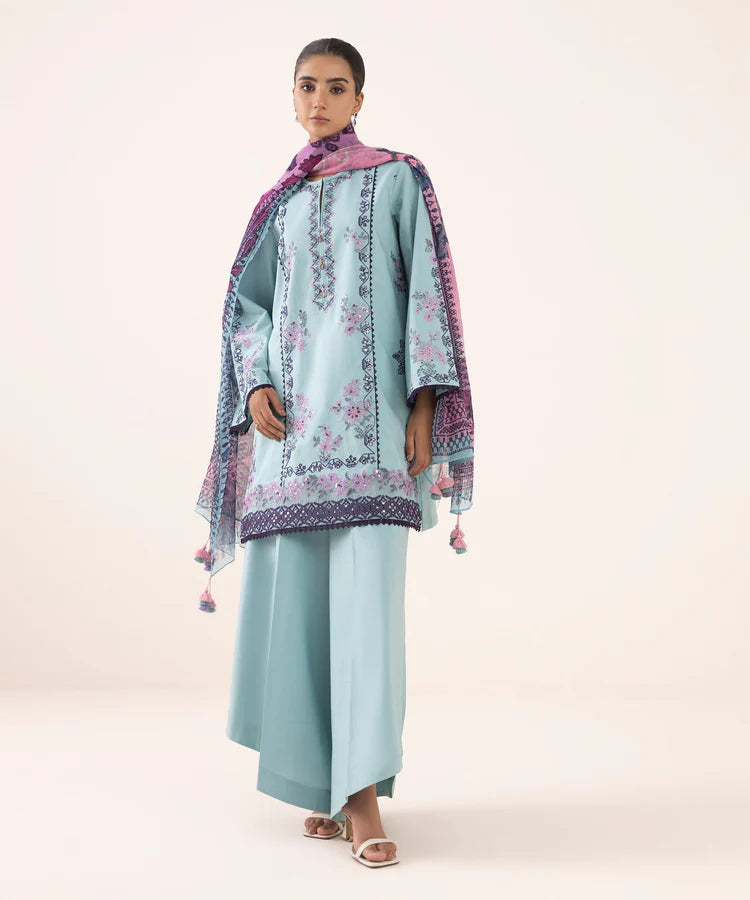 SAPPHIRE-3PC DHANAK EMBROIDERED SHIRT WITH COURTRAI PRINTED SHAWL AND TROUSER-ADR-4294
