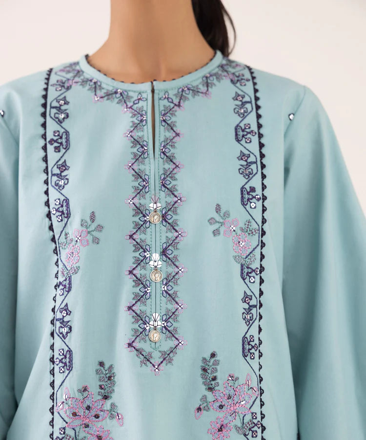 SAPPHIRE-3PC DHANAK EMBROIDERED SHIRT WITH COURTRAI PRINTED SHAWL AND TROUSER-ADR-4294