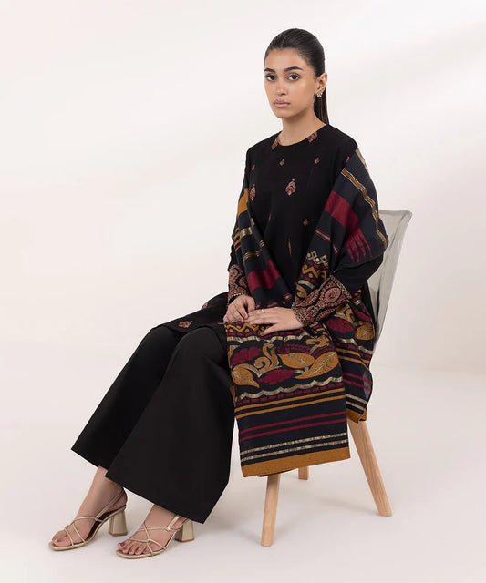 SAPPHIRE-3PC DHANAK EMBROIDERED SHIRT WITH COURTRAI PRINTED SHAWL AND TROUSER-ADR-4061