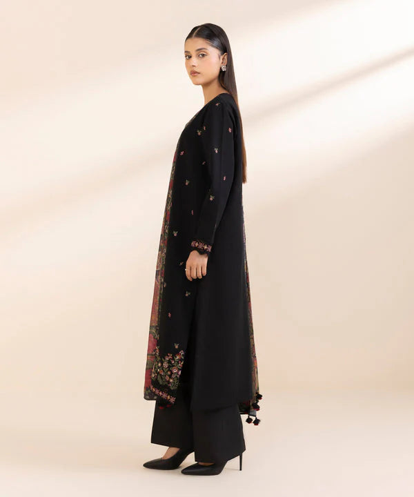 SAPPHIRE-3PC DHANAK EMBROIDERED SHIRT WITH COUTRAI WOOL PRINT SHAWL & TROUSER-ADR-4117
