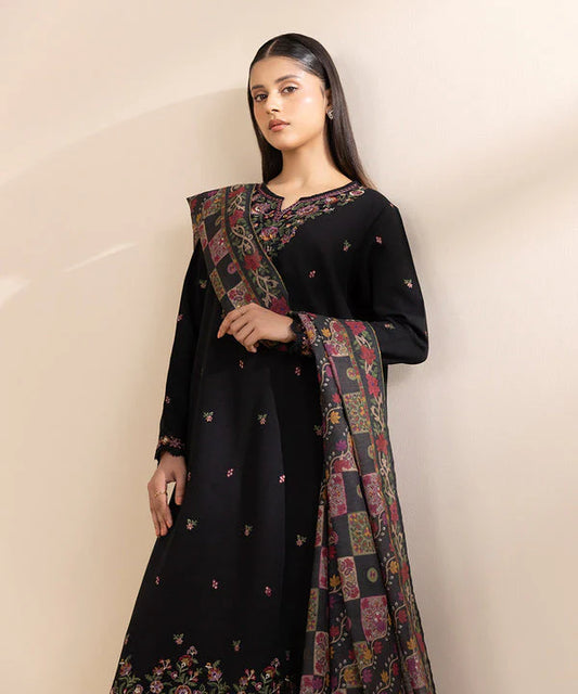 SAPPHIRE-3PC DHANAK EMBROIDERED SHIRT WITH COUTRAI WOOL PRINT SHAWL & TROUSER-ADR-4117