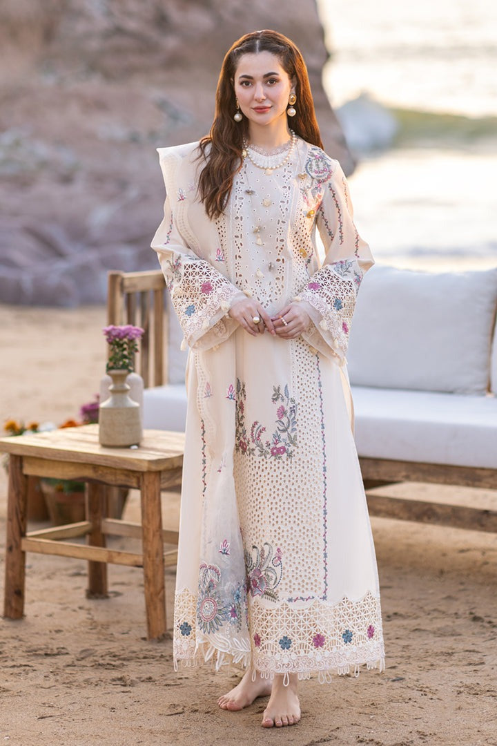 QALAMQAR-3PC CHIKANKARI LAWN EMBROIDERED WITH KHADDI NET EMBROIDERED DUPATTA & TROUSER -ADR-4521