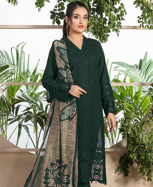 ZAINAB CHOTTANI-3PC CHIKANKAARI LAWN EMBROIDERED SHIRT WITH MONARK PRINT DUPATTA AND TROUSER-ADR-4052 MUNGIYA