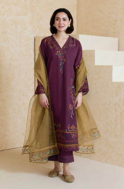 ZARA SHAHJAHAN - 3PC LAWN EMBROIDERED SHIRT WITH ORGANZA EMBROIDERED DUPATTA AND TROUSER -ADR-3826