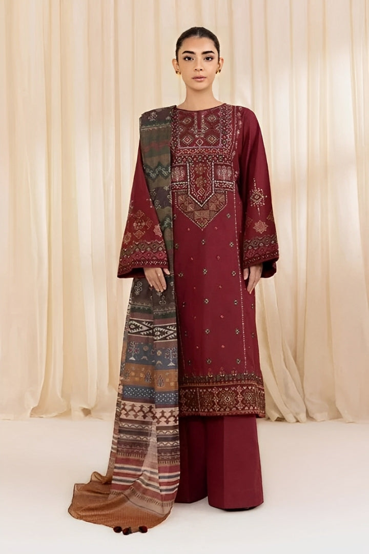 SAPPHIRE-3PC DHANAK EMBROIDERED SHIRT WITH COURTRAI PRINTED SHAWL AND TROUSER-ADR-4065