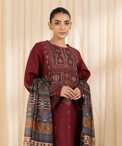 SAPPHIRE-3PC DHANAK EMBROIDERED SHIRT WITH COURTRAI PRINTED SHAWL AND TROUSER-ADR-4065