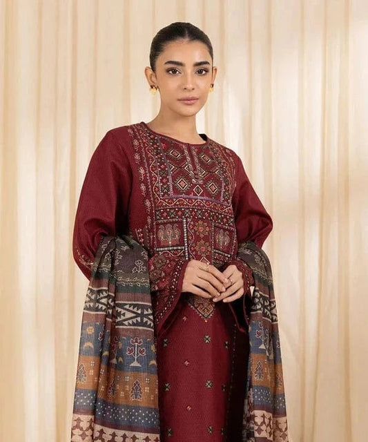 SAPPHIRE-3PC DHANAK EMBROIDERED SHIRT WITH COURTRAI PRINTED SHAWL AND TROUSER-ADR-4065