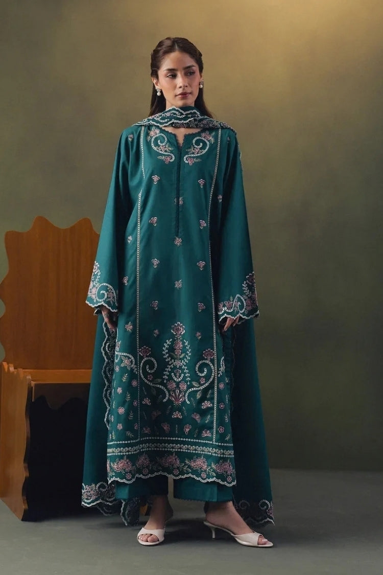 ZIVA-3PC DHANAK EMBROIDERED SHIRT WITH DHANAK EMBROIDERED SHAWL AND TROUSER-ADR-5257