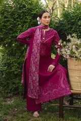 MANNAT-3PC DHANAK EMBROIDERED SHIRT WITH COURTRAI WOOL PRINTED SHAWL AND TROUSER-ADR-5219