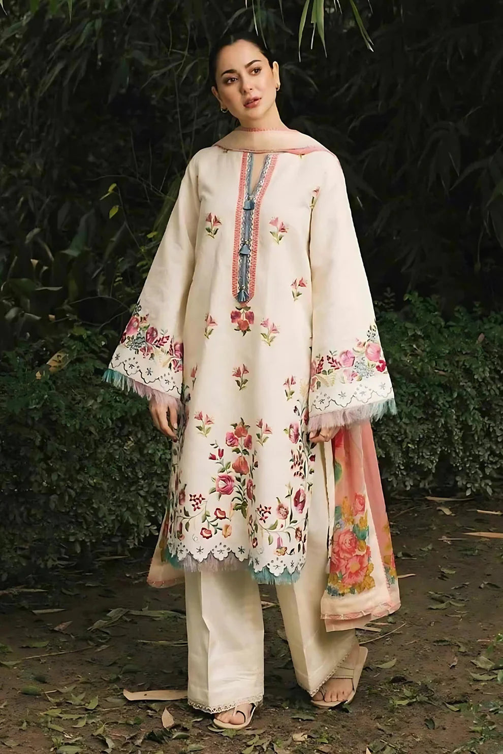 ZAHRA SHAHJAHAN- 3PC DHANK EMBROIDERED SHIRT WITH COUTURE WOOL SHAWL-ADR-3164