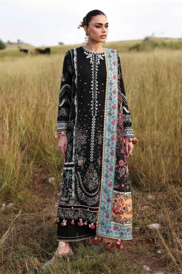 HUSSAIN REHAR-3PC KARANDI EMBROIDERED SHIRT WITH COUTRAI PRINTED SHAWL AND EMB TROUSER-ADR-5220