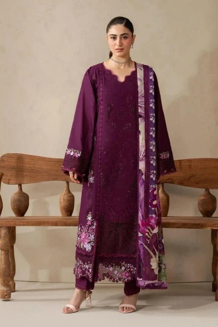 ELAF-3PC DHANAK EMBROIDERED SHIRT WITH COUTRAI PRINTED SHAWL AND TROUSER-ADR-5253