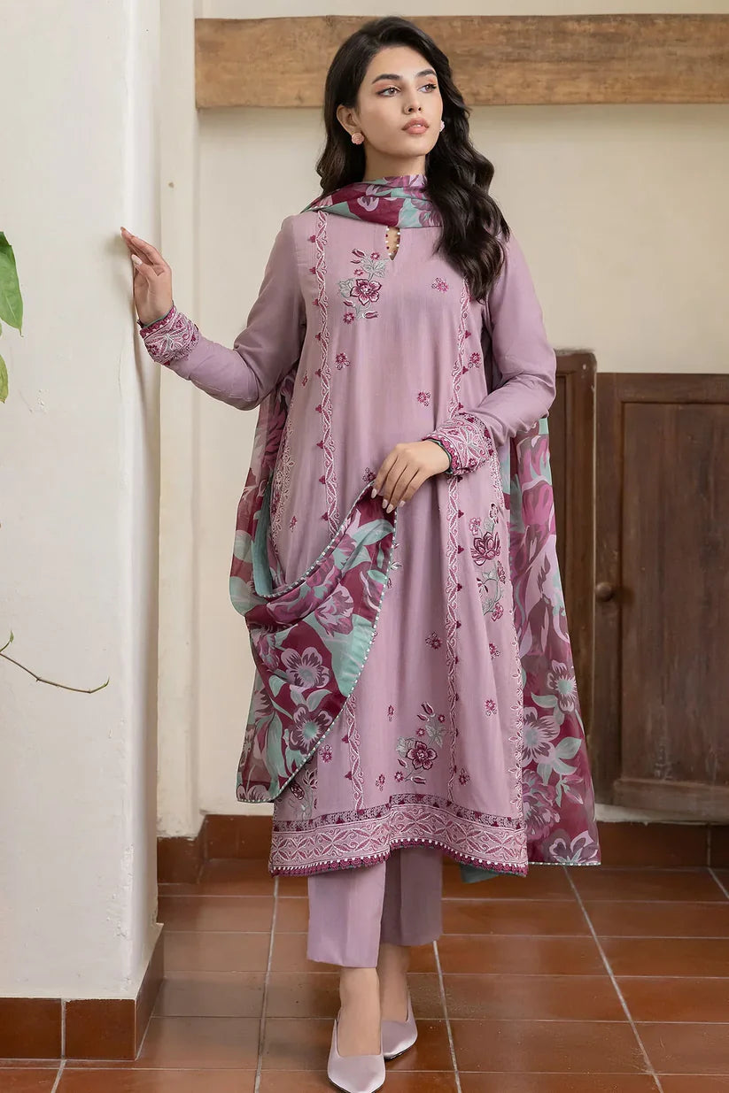 JAZMIN - 3PC DHANAK EMBROIDERED SHIRT WITH WOOL PRINTED SHAWL AND TROUSER-ADR-3285