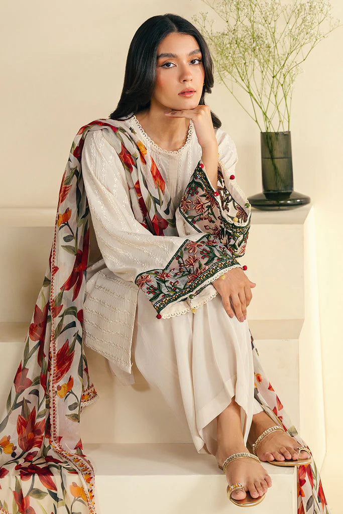 JAZMIN-3PC KHADDAR EMBROIDRED SHIRT WITH WOOL PRINT SHAWL AND TROUSER-ADR-3248