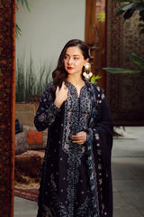 QALAMQAR-3PC DHANAK EMBROIDERED SHIRT WITH DHANAK EMBROIDERED SHAWL AND TROUSER-ADR-5041