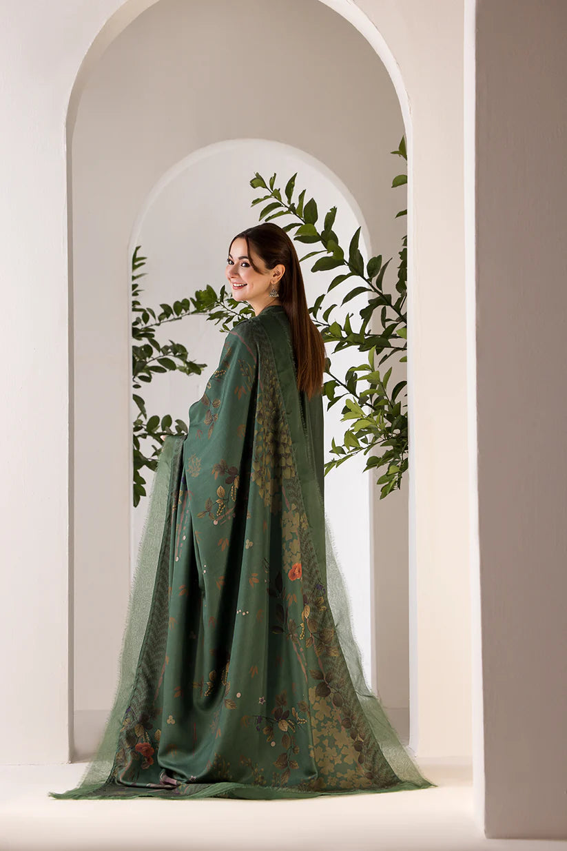 SOBIA NAZIR- 3PC DHANAK EMBROIDERED SHIRT WITH WOOL PRINT SHAWL AND TROUSER-ADR-3356