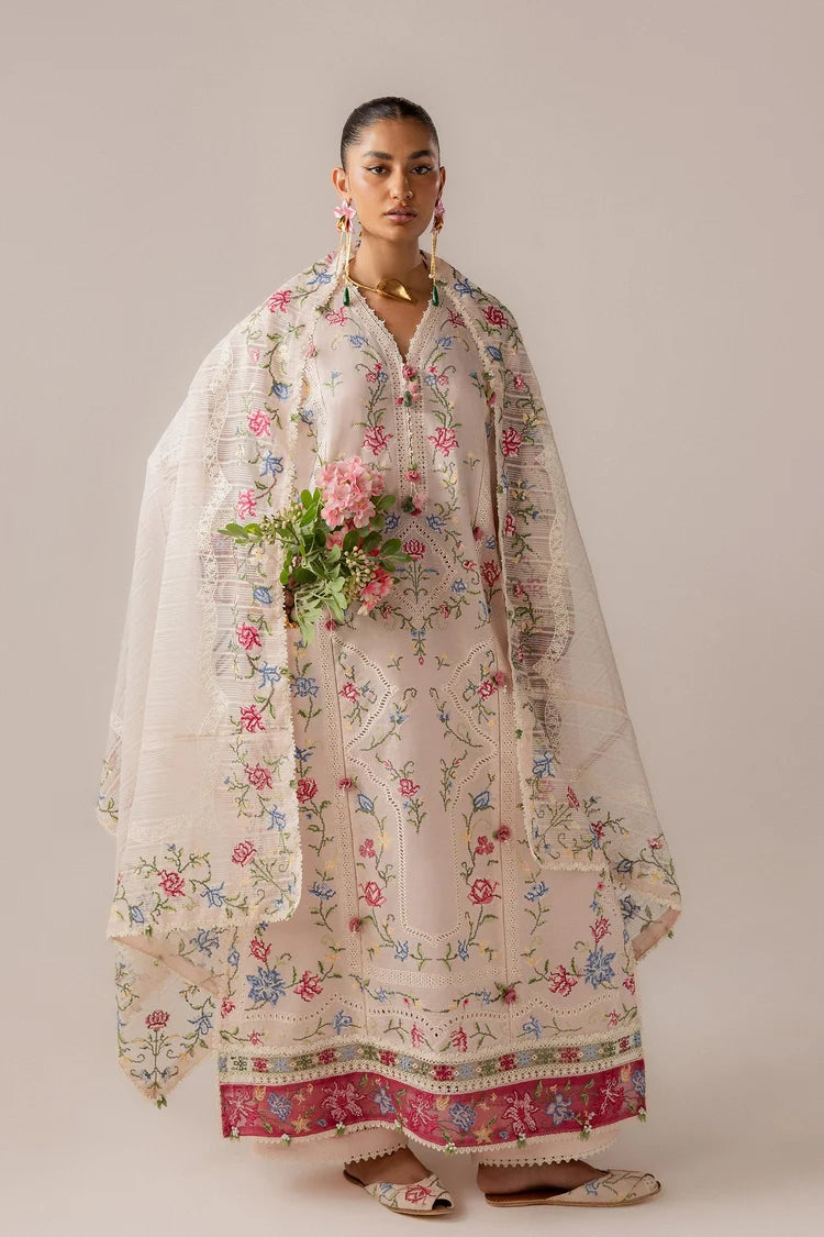 ELAN-3PC DHANAK EMBROIDERED SHIRT WITH KHADDI NET EMB DUPATTA & TROUSER-ADR-5187