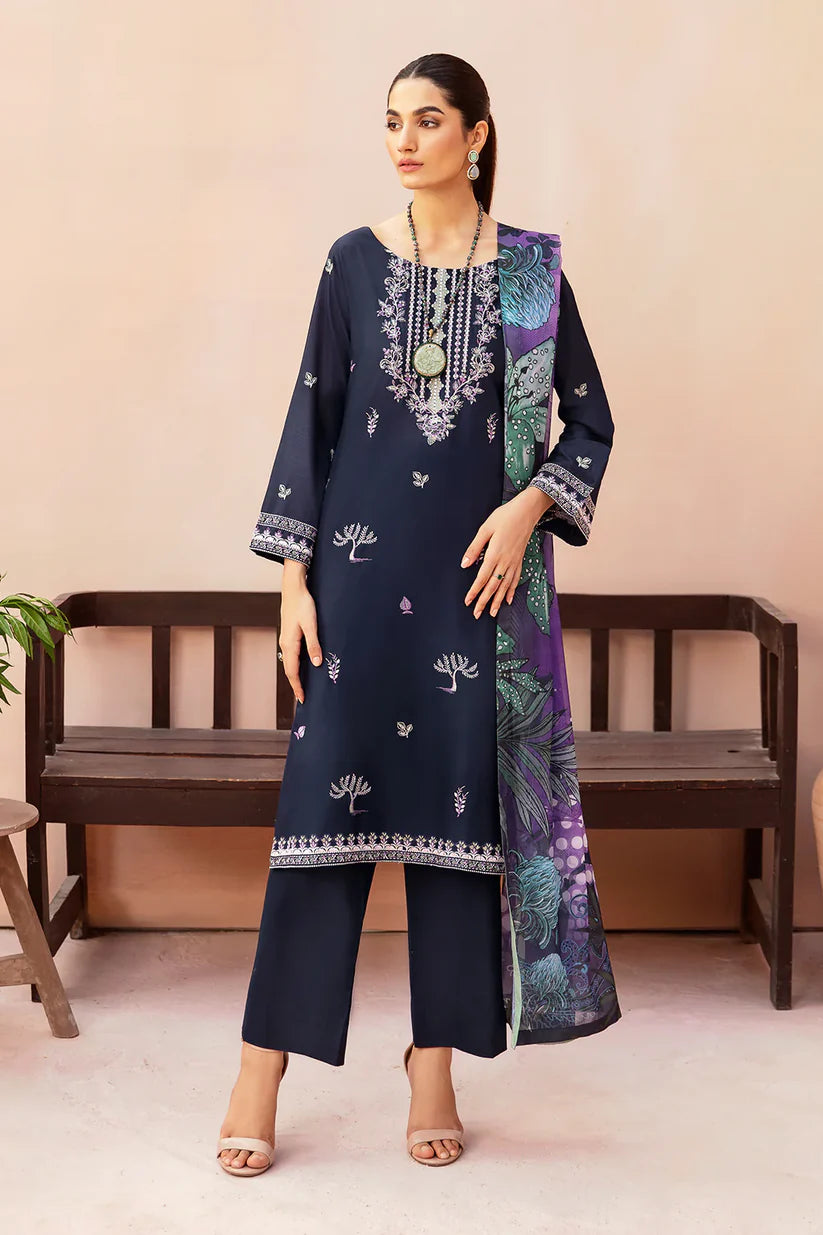 AFSANAH 3PC DHANAK EMBROIDERED SHIRT WITH COUTURE PRINTED SHAWL & TROUSER-ADR-3323