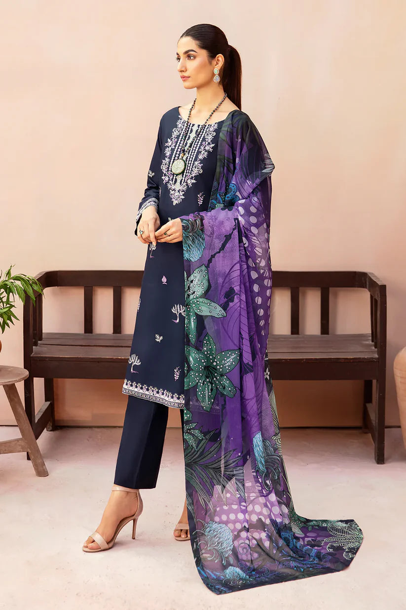 AFSANAH 3PC DHANAK EMBROIDERED SHIRT WITH COUTURE PRINTED SHAWL & TROUSER-ADR-3323