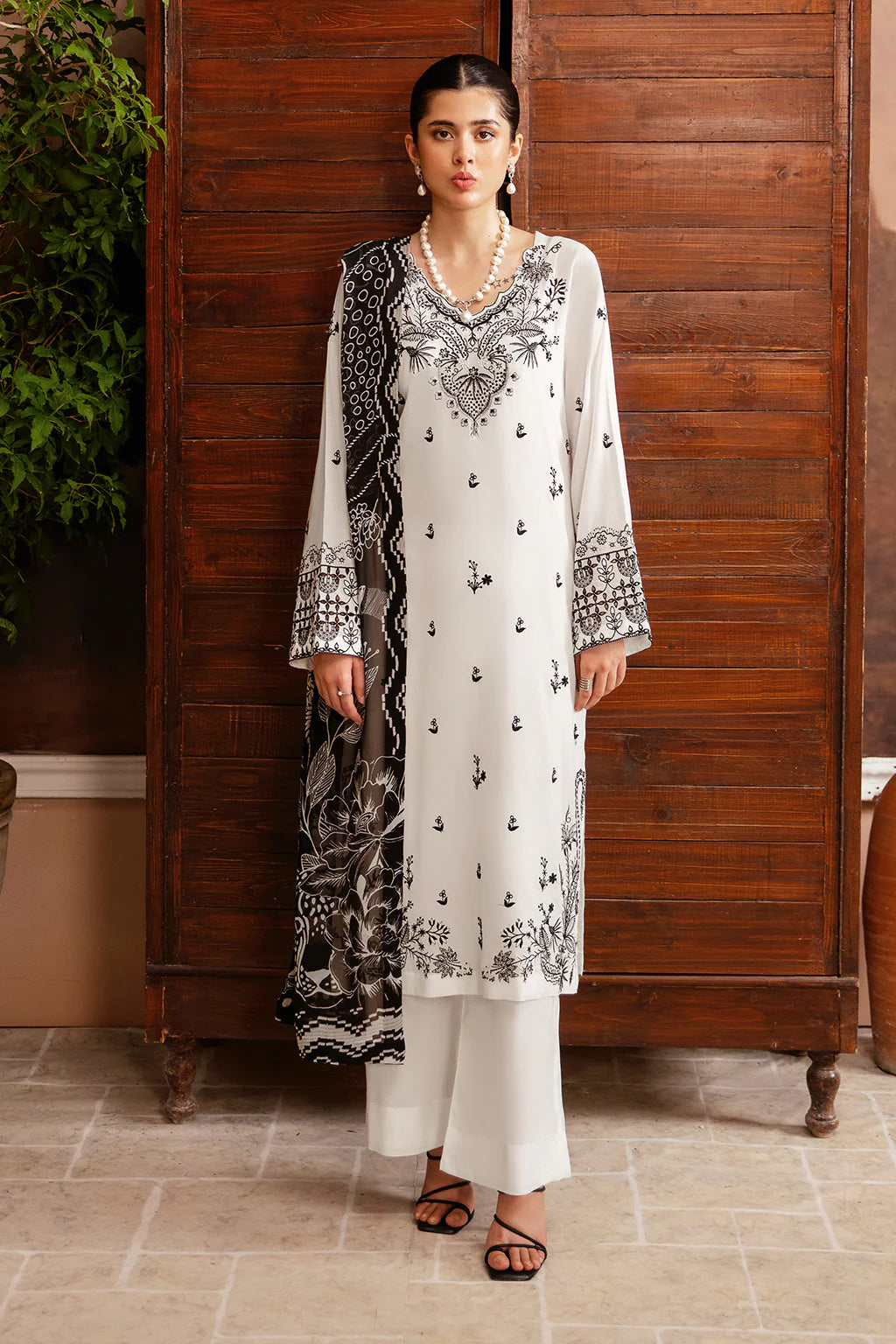 AFSANAH-3PC DHANAK EMBROIDERED SHIRT WITH COUTURE PRINTED SHAWL & TROUSER-ADR-3385