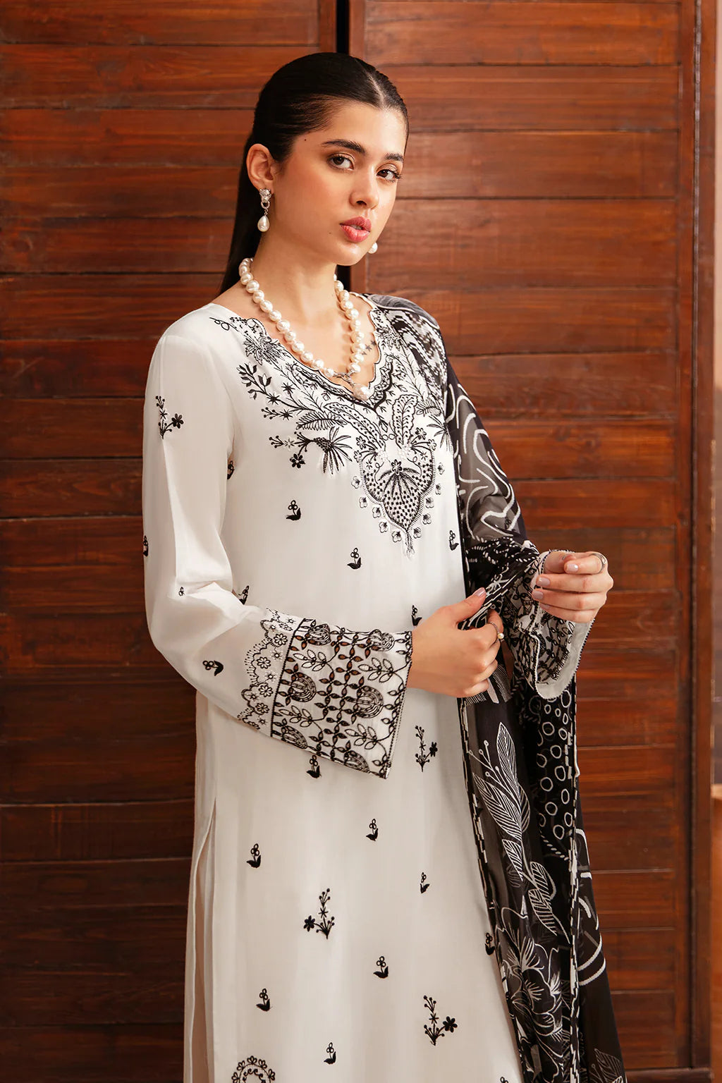 AFSANAH-3PC DHANAK EMBROIDERED SHIRT WITH COUTURE PRINTED SHAWL & TROUSER-ADR-3385