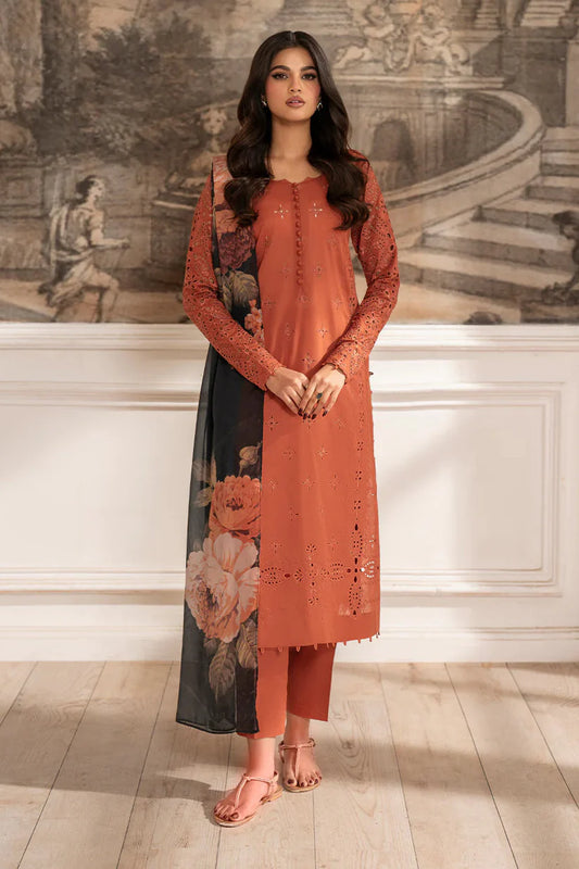 IZNIK-3PC DHANAK CHIKAN EMBROIDERED SHIRT WITH COURTRAI PRINTED SHAWL AND TROUSER -4188