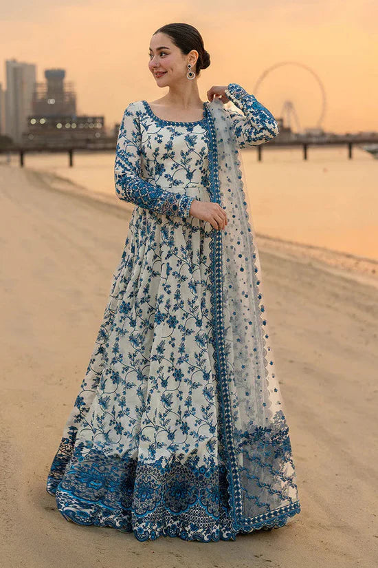 FAIZA SAQLAIN-FROCK 3PC LAWN EMBROIDERED SHIRT WITH NET EMBROIDERED DUPATTA AND TROUSER-ADR-4847