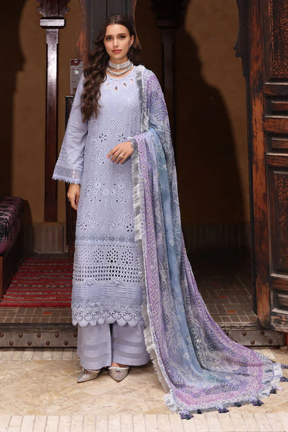 NUREH-3PC LAWN CHIKANKARI EMBROIDERED SHIRT WITH MONARK PRINTED DUPATTA AND EMB TRPUSER-ADR-3709